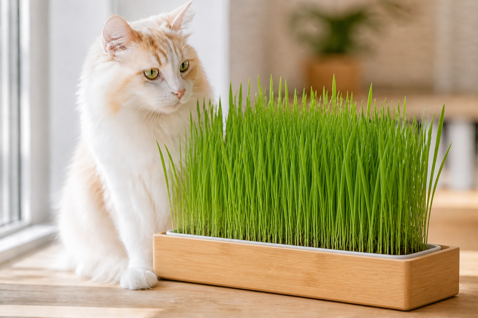 White-and-orange cat beside a long rectangular wooden planter filled with fresh green cat grass.