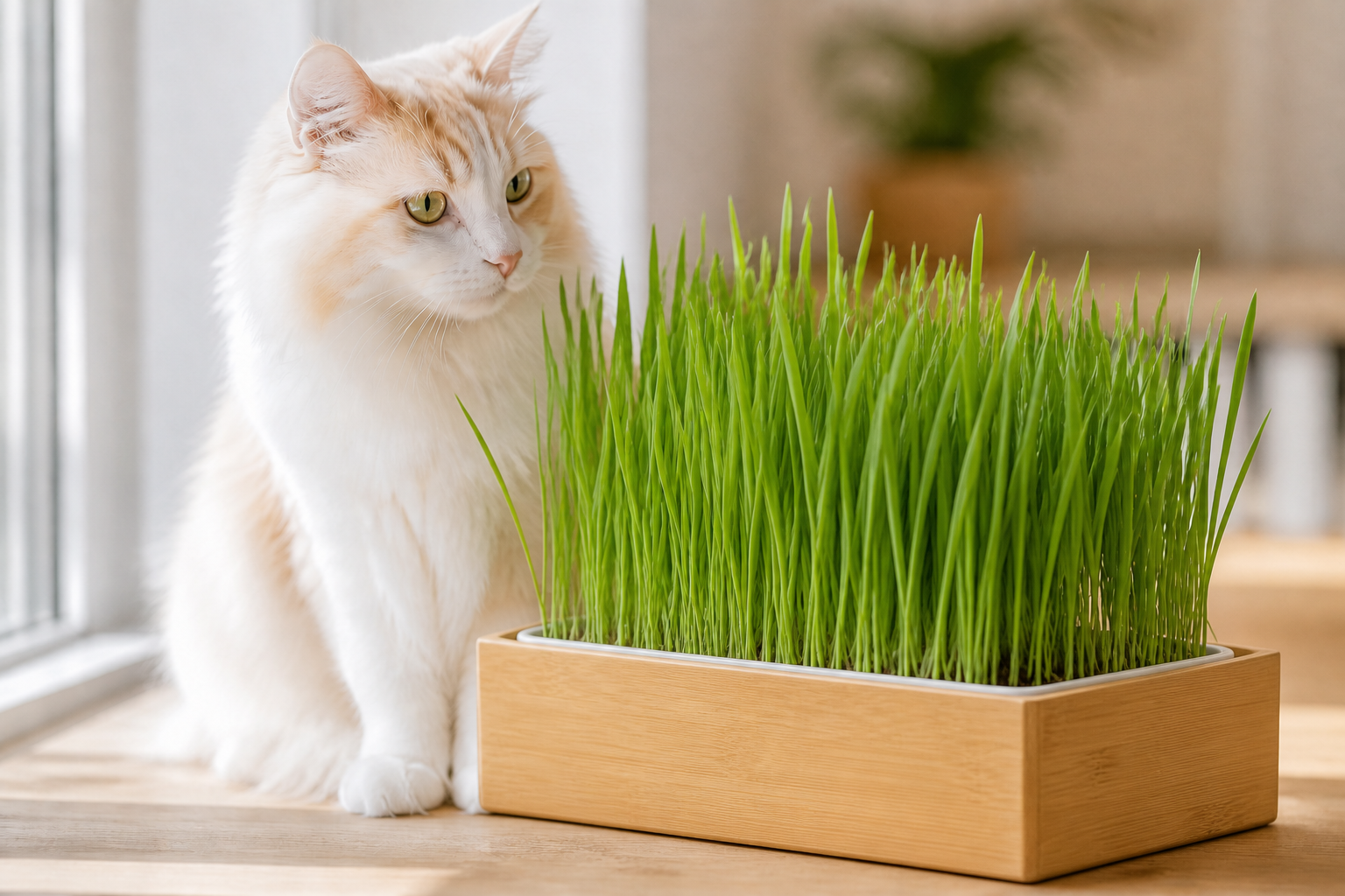 White-and-orange cat beside the FelineBoost bamboo planter filled with cat grass.