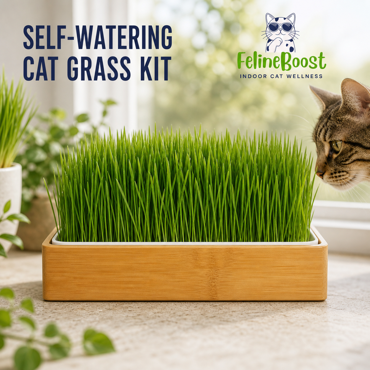 FelineBoost self-watering bamboo cat grass kit beside a curious tabby cat.