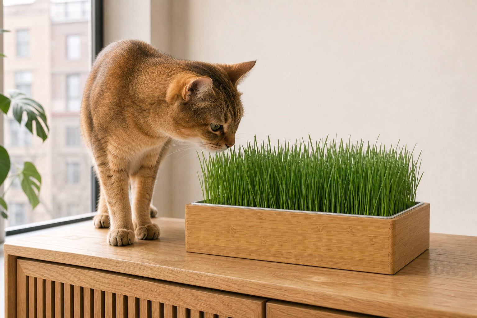 Indoor cat gently sniffing fresh wheatgrass in the unbranded bamboo planter beside a window