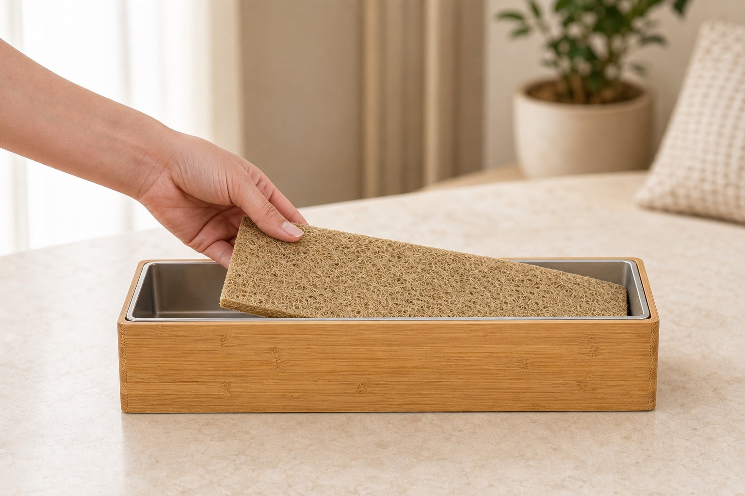 Hand placing the supplied hemp mat into the single inner tray of the unbranded bamboo planter